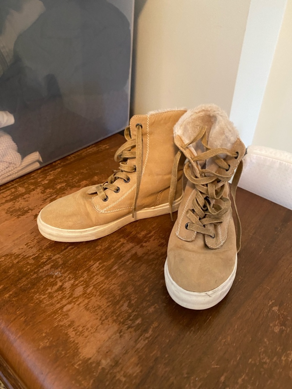 Women’s Lace-Up High Top Sneaker Boots in Tan with Faux Fur Trim
